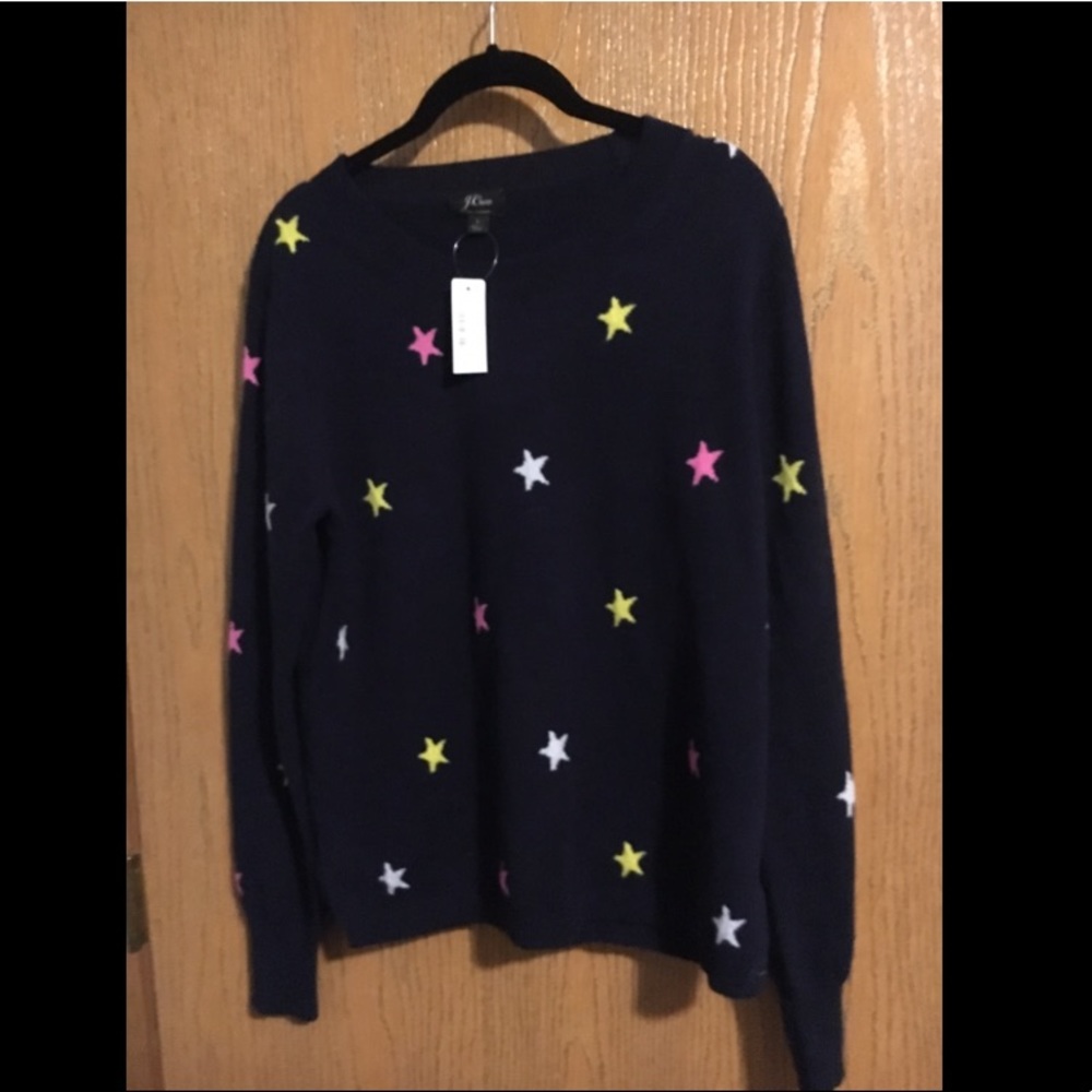 NWT J. Crew L cashmere crewneck in navy w/ stars
